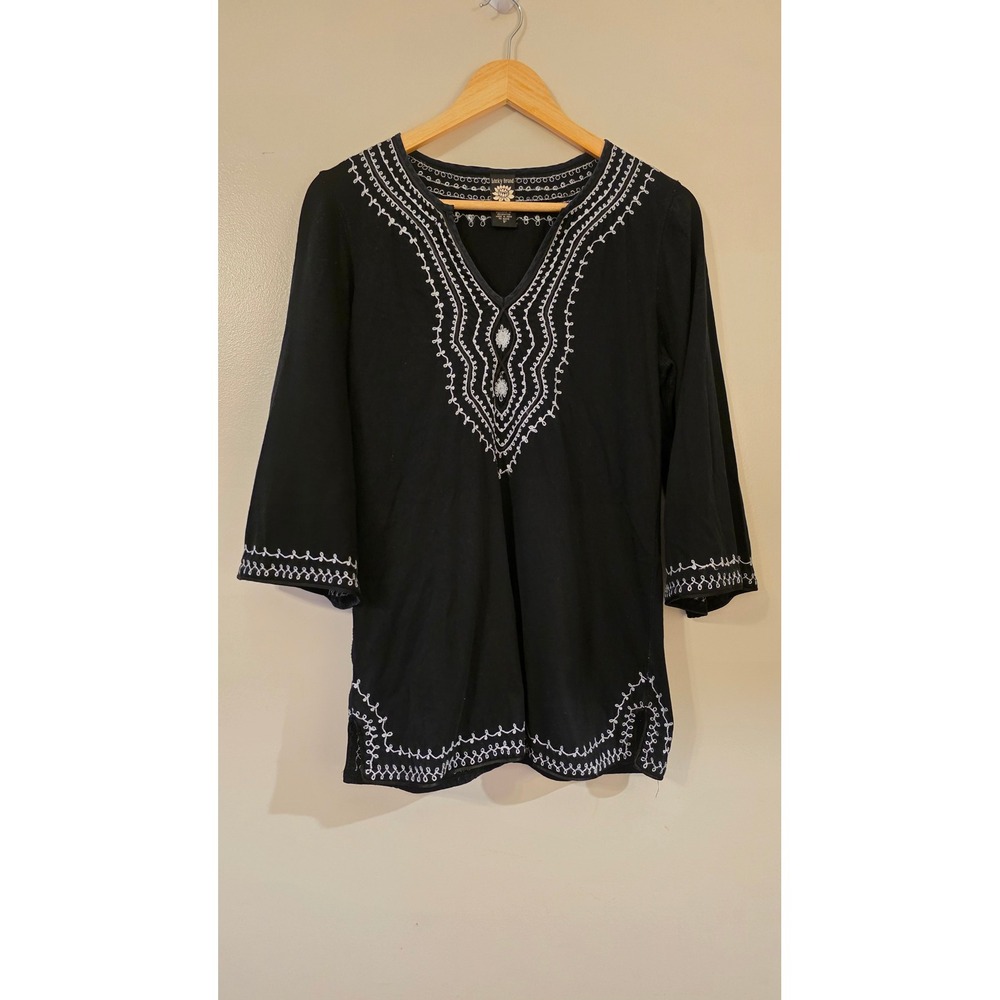 Lucky Brand Black Embroidered Cotton Tunic Top V-Neck 3/4 Sleeve Small